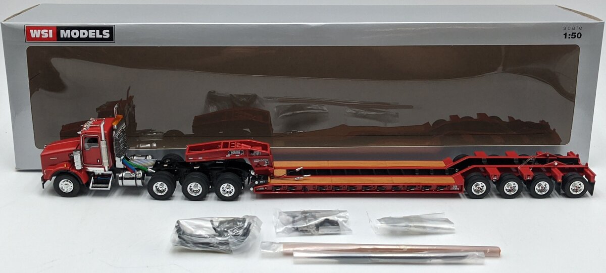 WSI 34-2024 1:50 Red Kenworth T800 8x4 Day Cab with 4-Axle Rogers Lowboy Trailer NIB