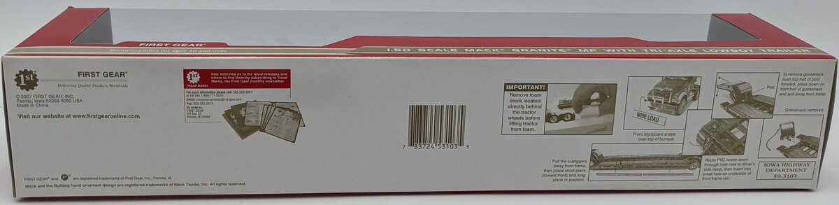 First Gear 59-3103 1:50 Mack Granite MP W/Lowboy Trailer Iowa Hwy Dept NIB
