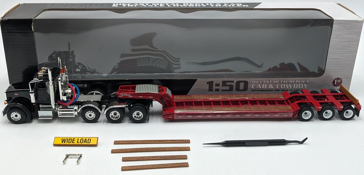 First Gear 50-3379 1:50 Peterbilt Model 367 With Tri-Axle Lowboy Trailer Black NIB