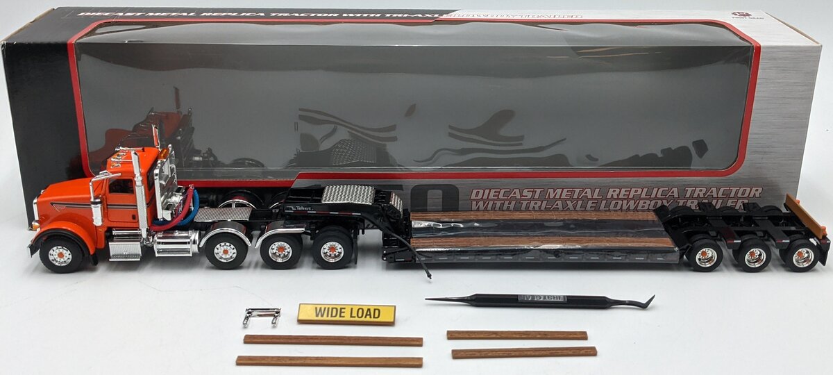 First Gear 50-3356 1:50 Peterbilt Model 367 with Tri-Axle Lowboy Trailer Orange NIB