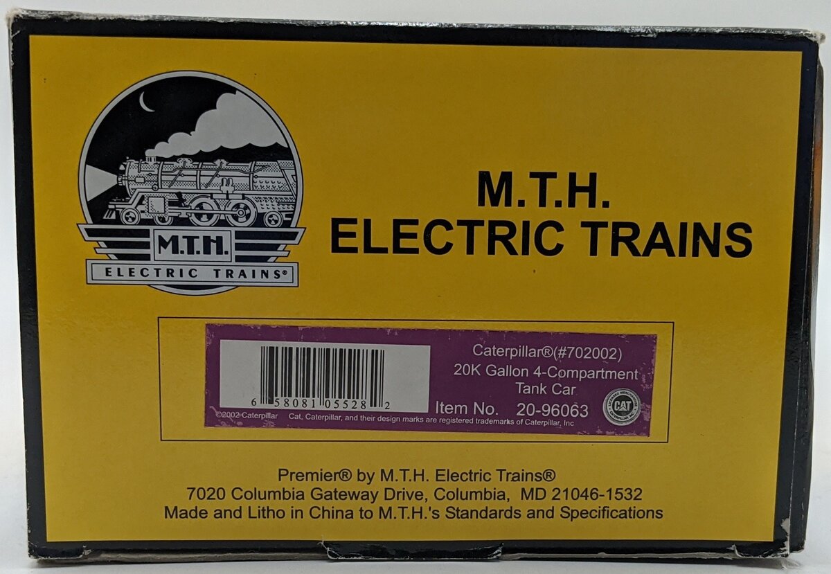 MTH 20-96063 O Caterpillar 20K Gallon 4-Compartment Tank Car #702002 NIB