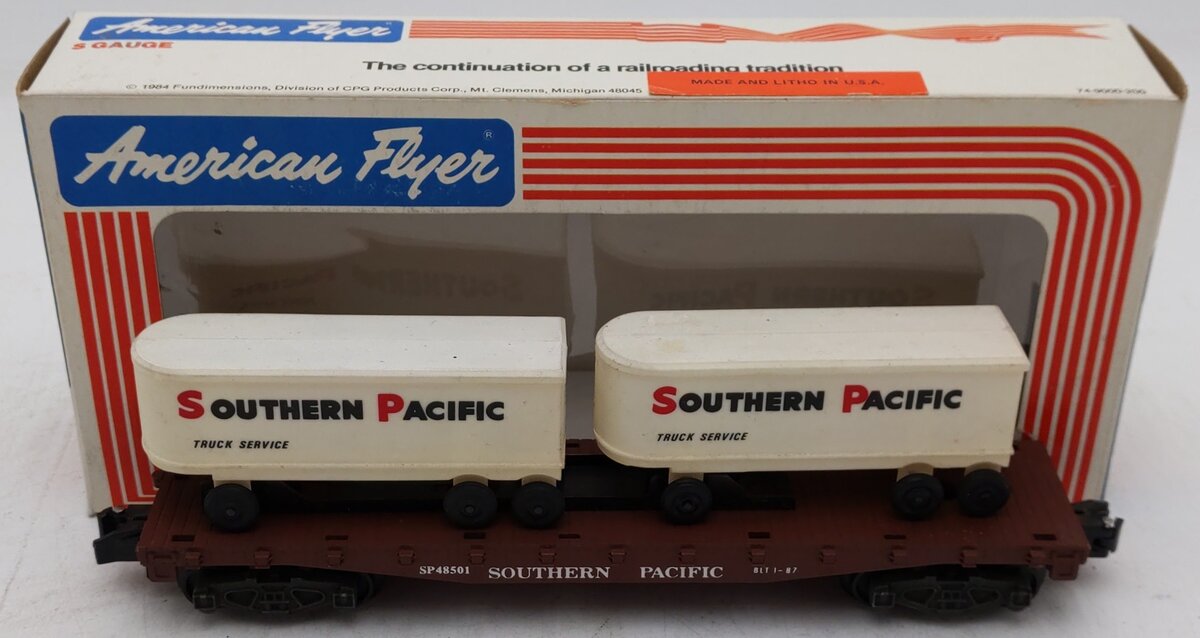 American Flyer 6-48501 S Gauge Southern Pacific Flatcar w/ Trailers VG/Box