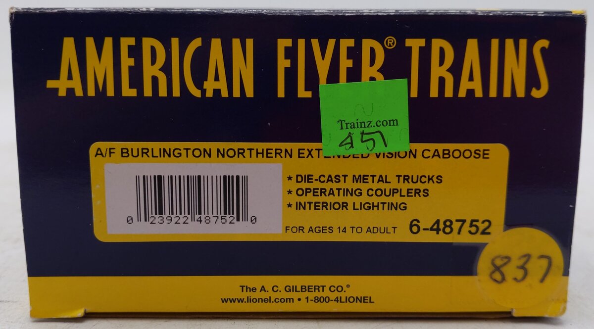 American Flyer 6-48752 S Scale Burlington Northern Extended Vision Caboose EX/Box