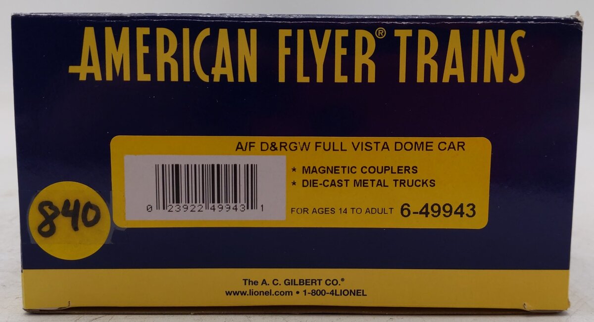 American Flyer 6-49943 S Gauge Rio Grand Streamliner Full Vista Dome Car #1253 EX/Box