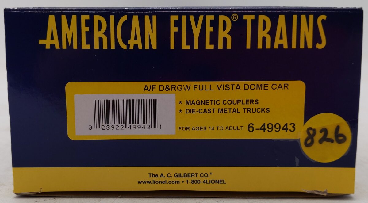 American Flyer 6-49943 S Gauge Rio Grand Streamliner Full Vista Dome Car #1253 EX/Box
