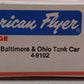 American Flyer 4-9102 S Gauge Baltimore & Ohio Single Dome Tank Car #9102 EX/Box