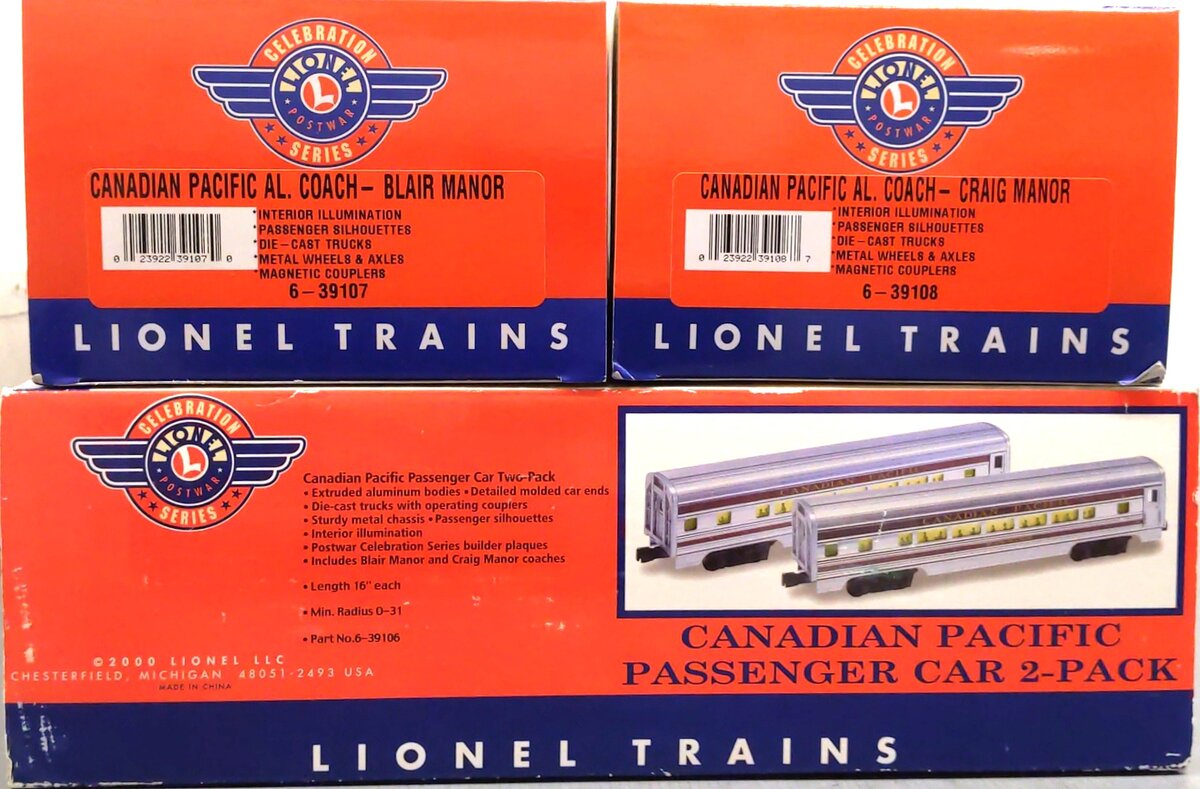Lionel 6-39106 O Canadian Pacific Aluminum Passenger Car Set (Set of 2) NIB
