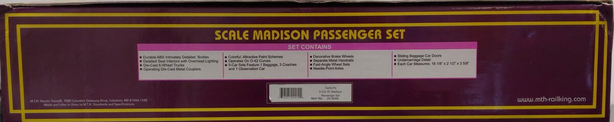 MTH 20-4049 O Santa Fe Madison 70' Madison Passenger Car Set (Set of 5) VG/Box