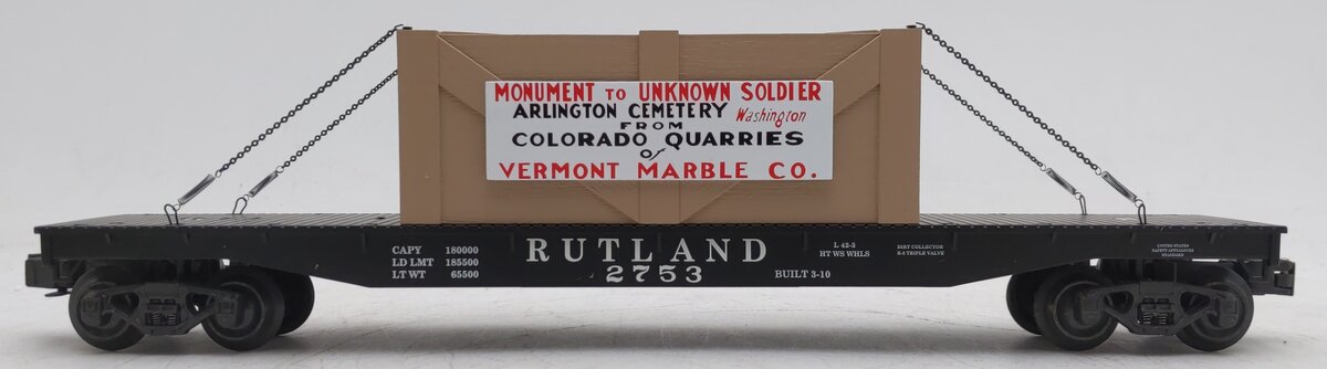 K-Line K691-4161 O Gauge Rutland Flatcar w/Unknown Soldier Monument Load #2753 EX/Box