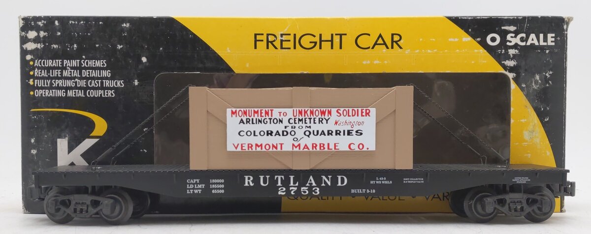 K-Line K691-4161 O Gauge Rutland Flatcar w/Unknown Soldier Monument Load #2753 EX/Box