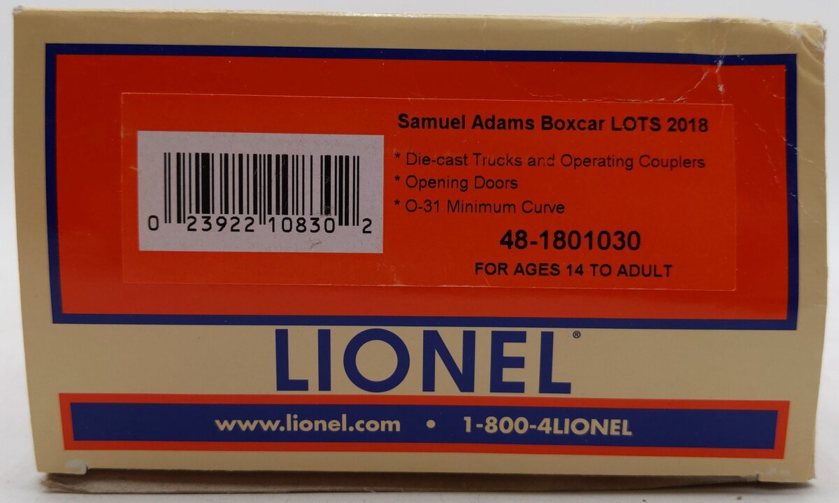 Lionel 48-1801030 LOTS 2018 Meet Samuel Adams Box Car #39183 EX/Box