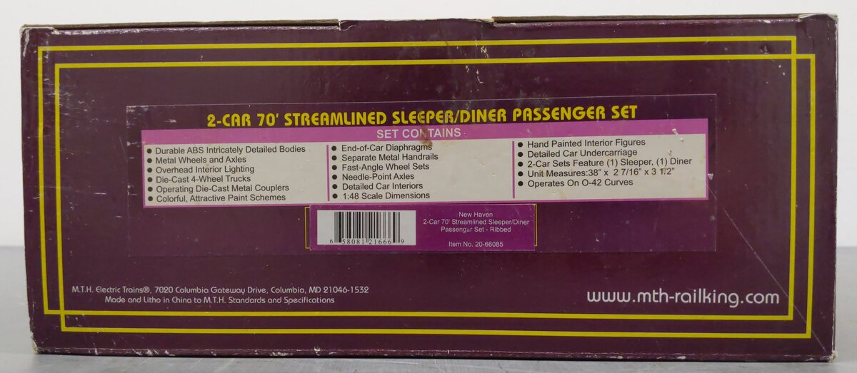 MTH 20-66085 O NH 70' Streamlined Sleeper/Diner Passenger Car Set (Set of 2) EX/Box