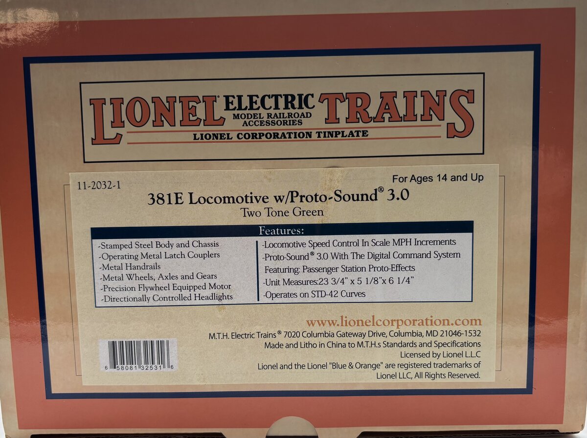MTH 11-2032-1 Std. Gauge Lionel 381E Electric Locomotive w/Proto-Sound 3.0 LN/Box