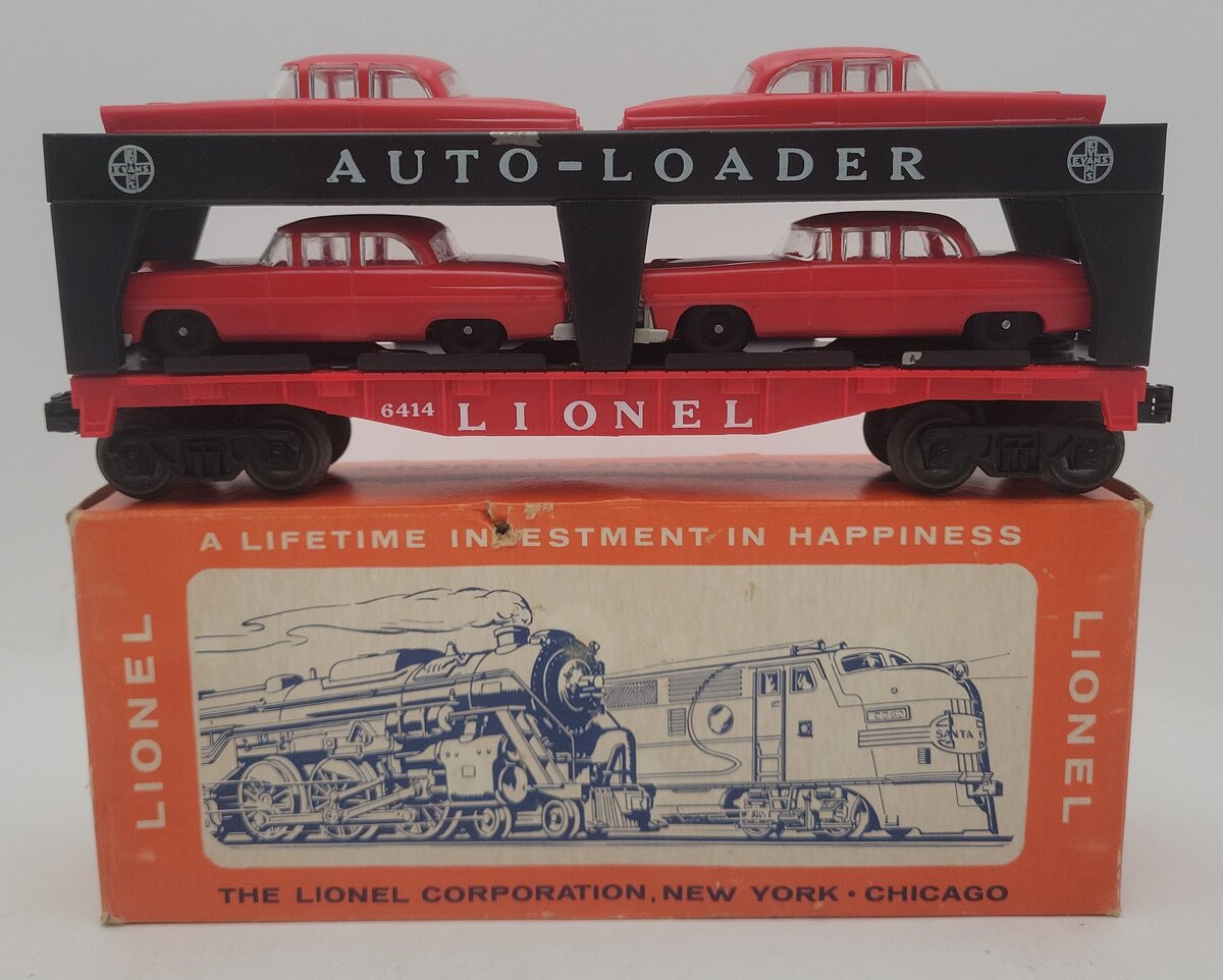 Lionel 6414 Vintage O Evans Autoloader with 4 Red Autos with Gray Bumpers VG/Box