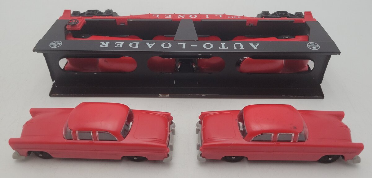 Lionel 6414 Vintage O Evans Autoloader with 4 Red Autos with Gray Bumpers VG/Box