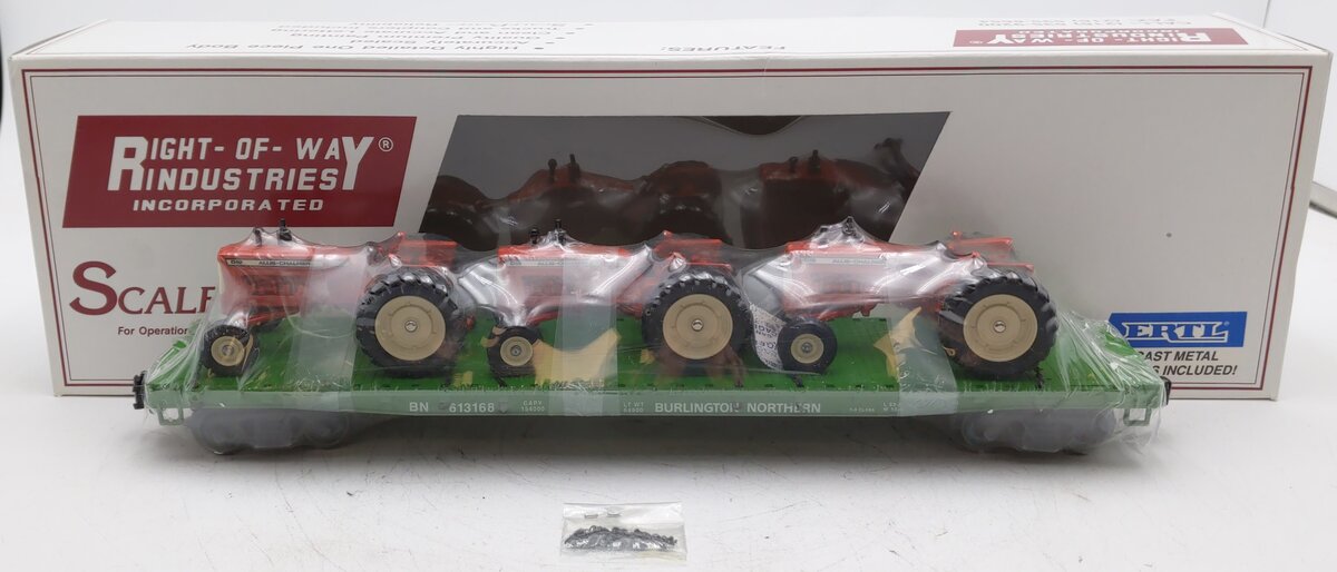 Right-of-Way 613168 O Scale BN Flatcar w/ 3 Tractor Load #613168 NIB