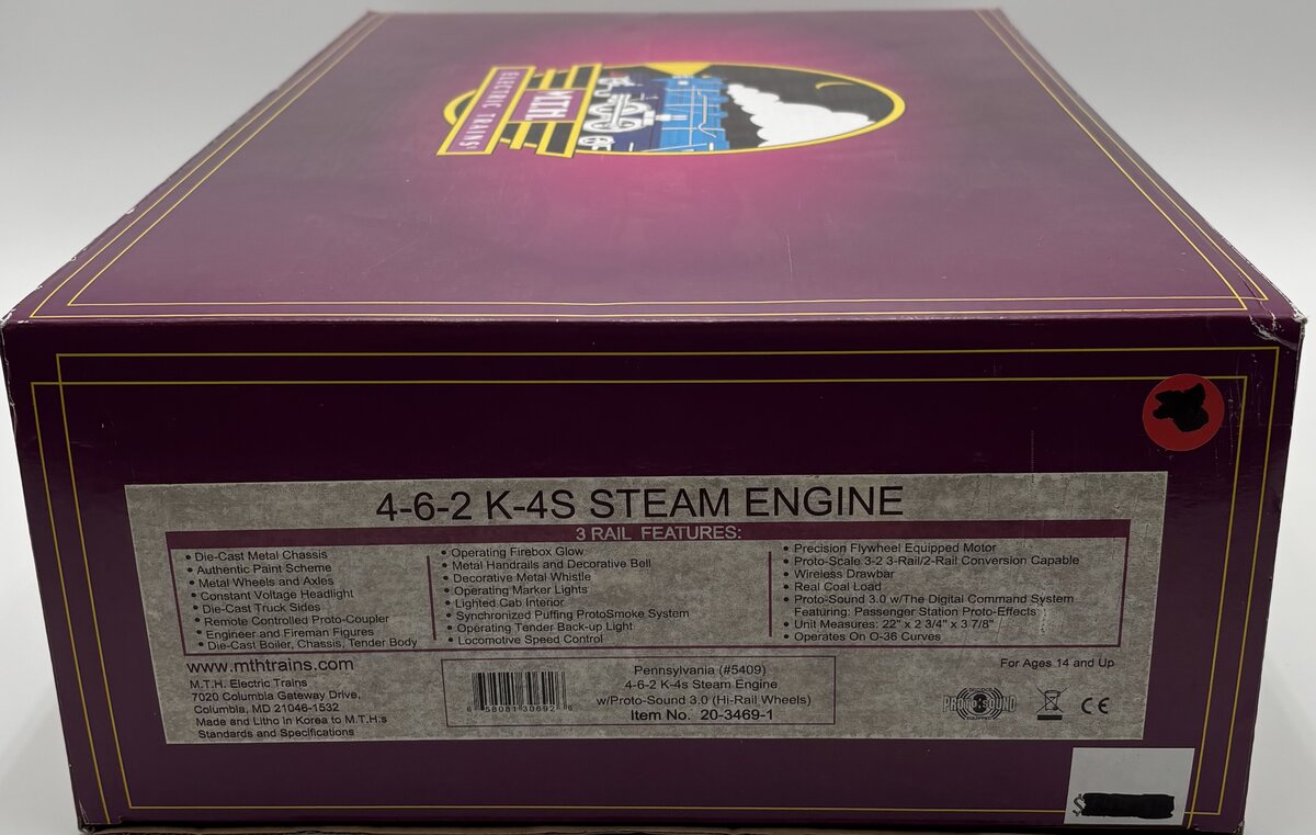MTH 20-3469-1 O Pennsylvania 4-6-2 K-4S Steam Locomotive & Tender w/PS3 #5409 EX/Box