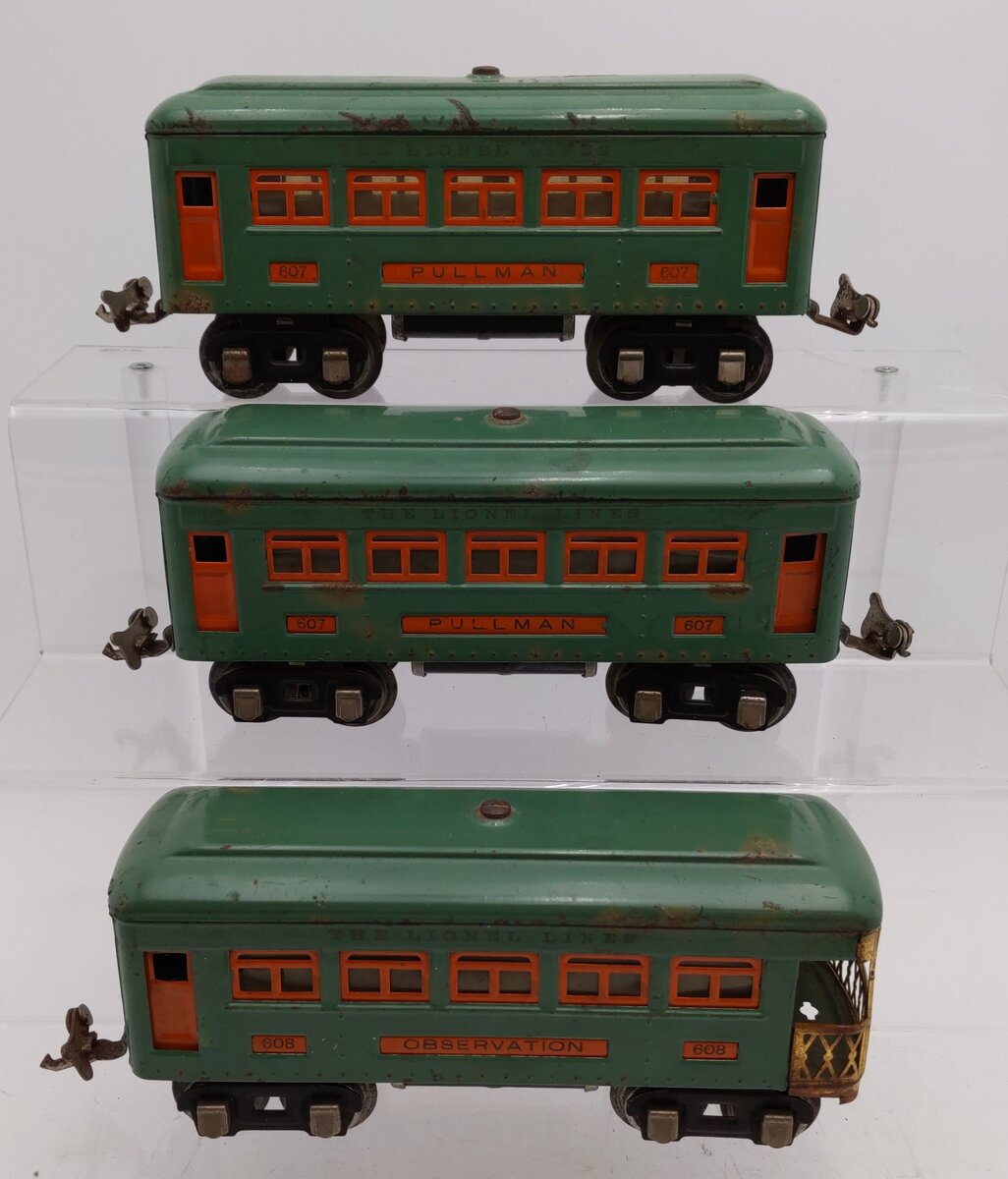 Lionel Vintage O Observation & Pullman Passenger Cars #607 #608 VG