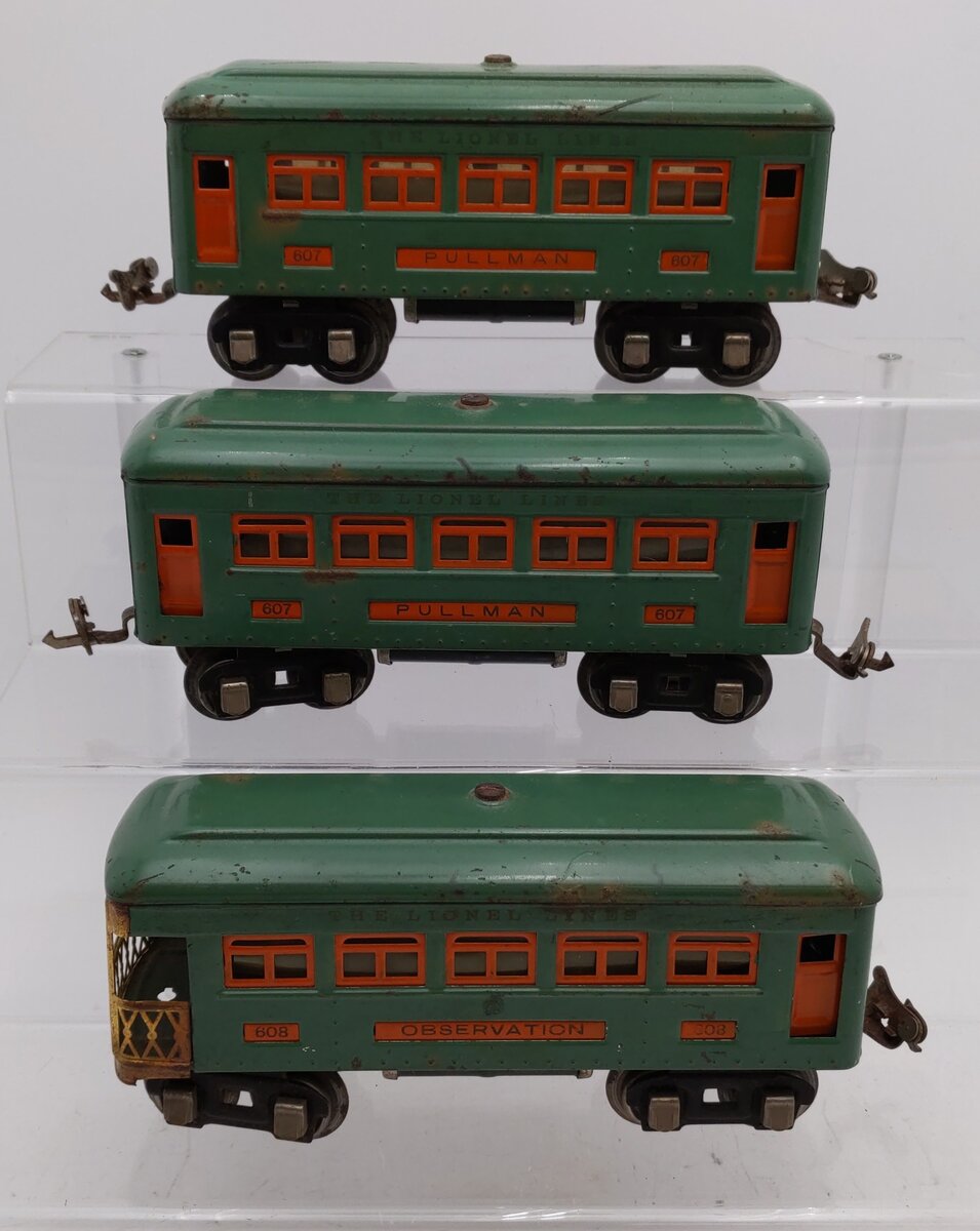 Lionel Vintage O Observation & Pullman Passenger Cars #607 #608 VG