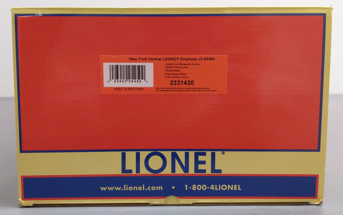 Lionel 2331430 BTO O Gauge NYC Dreyfuss J3 Hudson #5454 Steam Loco with LEGACY LN/Box