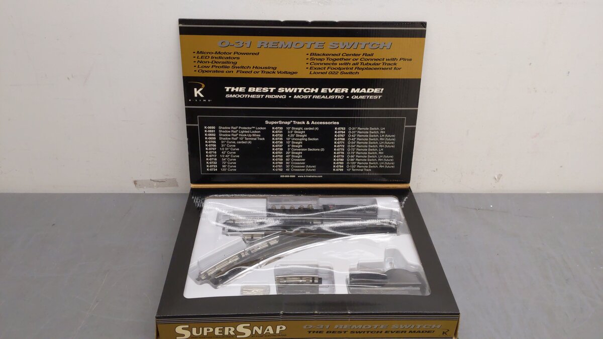 K-Line K-0763 O SuperSnap 31" Left Hand Remote Switch Turnout EX/Box