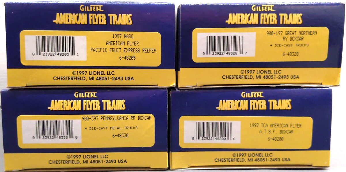 American Flyer S Assorted Freight Cars: 48300, 48200, 48205, 48328 [4] LN/Box