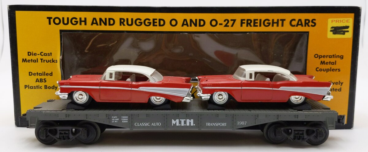 MTH 30-7610 O Gauge MTH Lines Flat Car with 2 Red Ertl '57 Chevys EX/Box