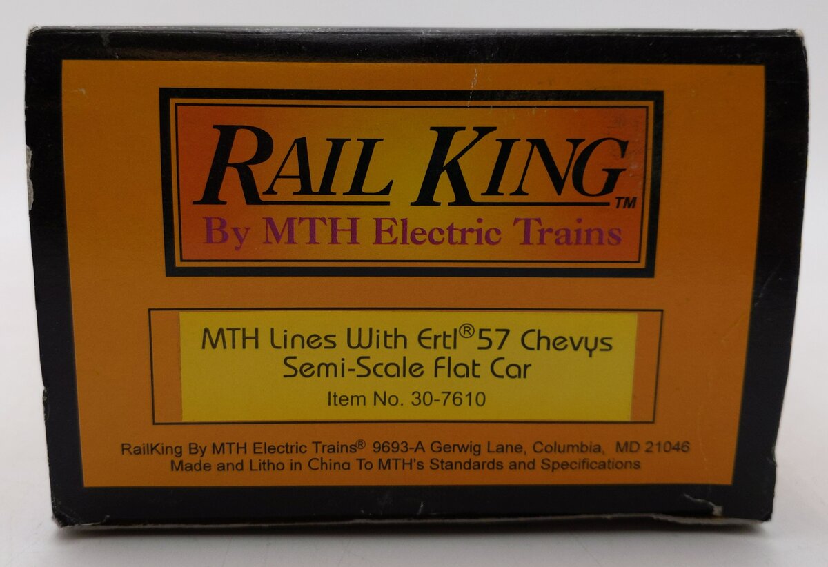 MTH 30-7610 O Gauge MTH Lines Flat Car with 2 Red Ertl '57 Chevys EX/Box