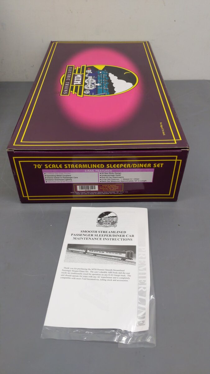 MTH 20-6614 O Gauge Norfolk & Western 2-Car 70' ABS Sleeper/Diner Passenger Set EX/Box