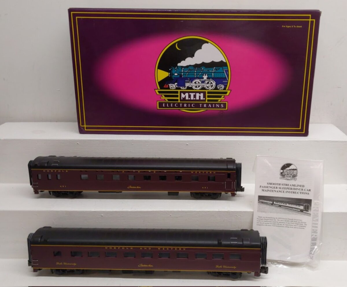 MTH 20-6614 O Gauge Norfolk & Western 2-Car 70' ABS Sleeper/Diner Passenger Set EX/Box