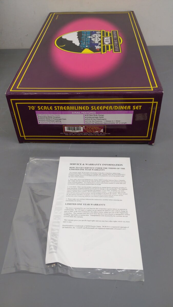 MTH 20-6614 O Gauge Norfolk & Western 2-Car 70' ABS Sleeper/Diner Passenger Set EX/Box
