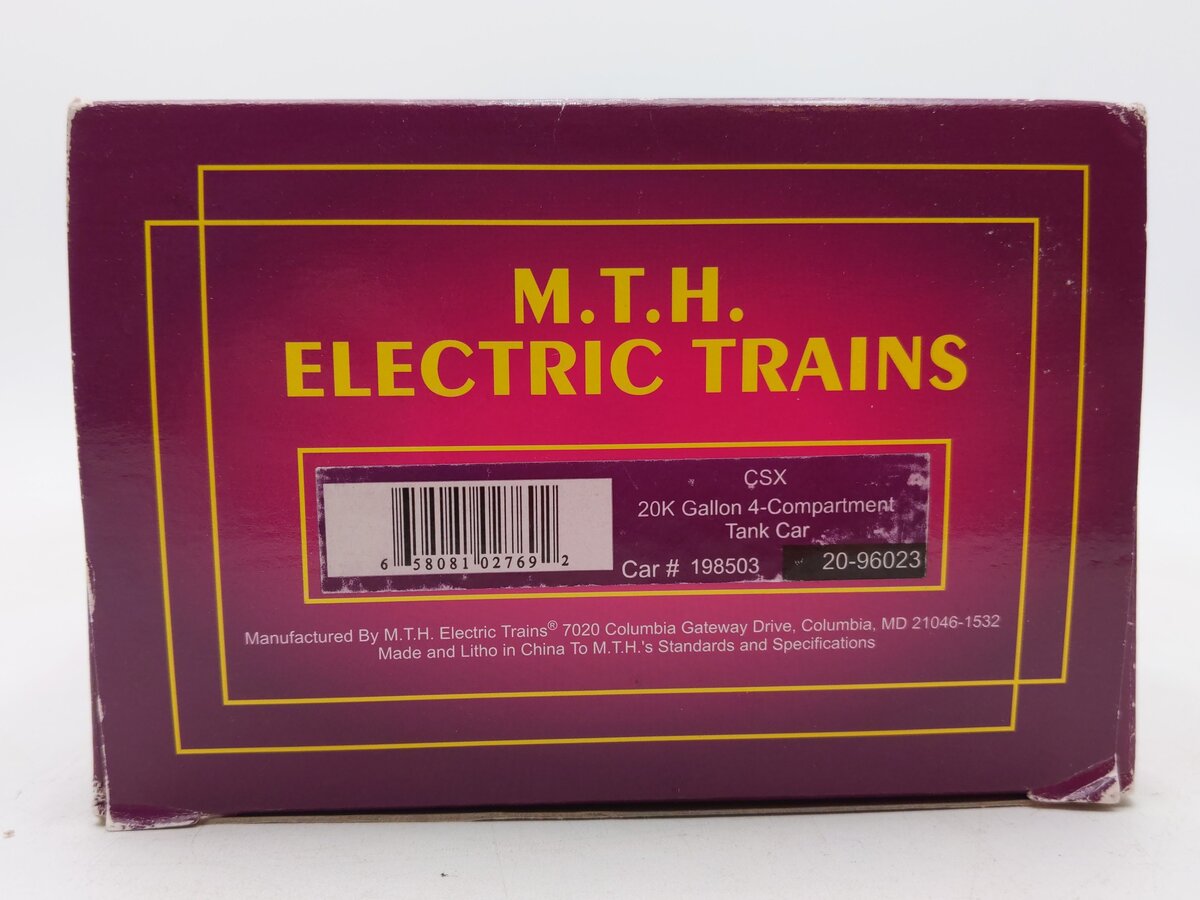 MTH 20-96023 O CSX 20,000 Gallon 4-Compartment Tank Car #198503 EX/Box