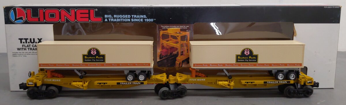 Lionel 6-16345 O TTUX Flatcar w/ Southern Pacific Trailers #16345 #16346 EX/Box