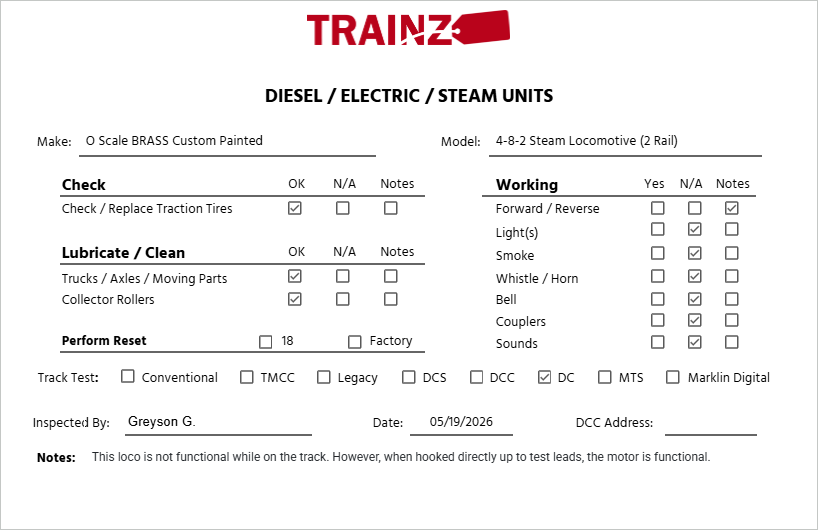 O Scale BRASS Custom Painted 4-8-2 Steam Locomotive (2 Rail)