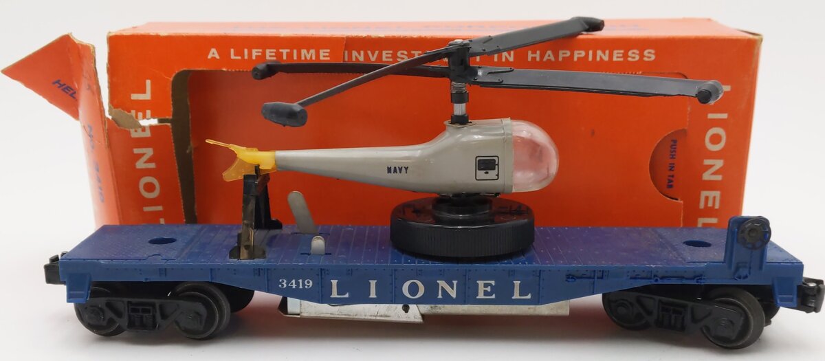 Lionel 3419 Vintage O Operating Flatcar w/ Double-Bladed Helicopter VG/Box