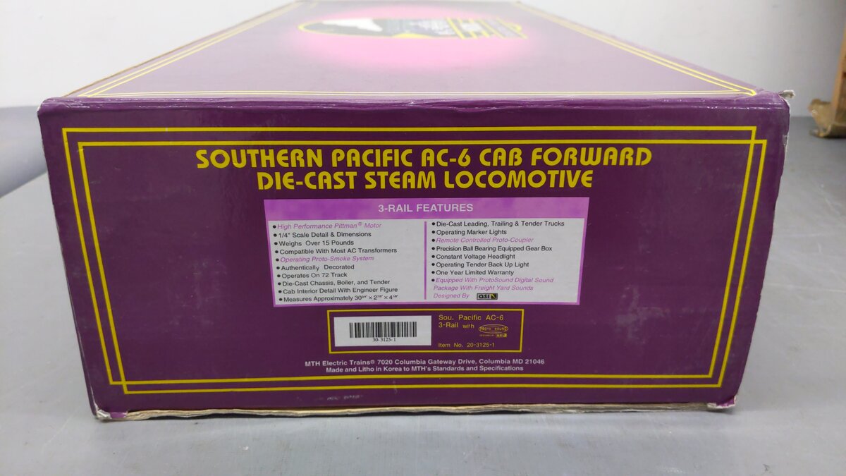 MTH 20-3125-1 O Southern Pacific AC-6 Cab-Forward Steam Engine & Tender w/PS1 EX/Box