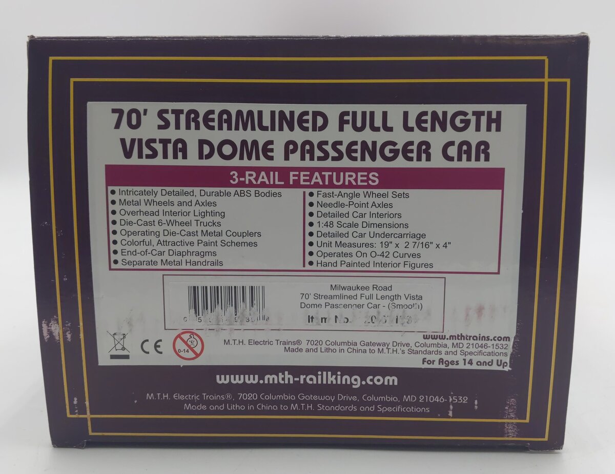 MTH 20-67173 Milwaukee Road 70' Streamlined Vista Dome Passenger Car NIB