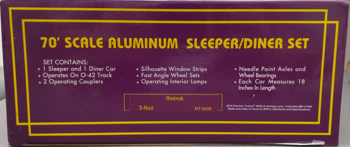 MTH 20-6508 O Gauge Amtrak Premier 70' Aluminum Sleeper/Diner Car Set EX/Box