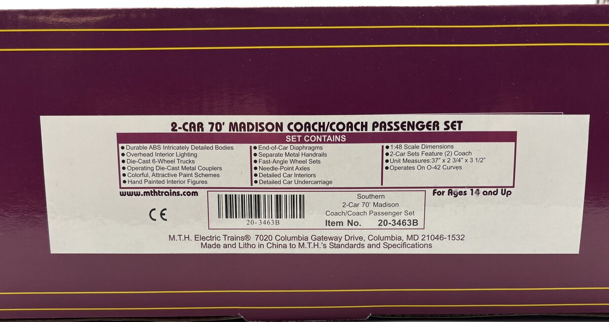 MTH 20-3463B O Southern 70' Madison Coach/Coach Passenger Car Set (Set of 2) EX/Box