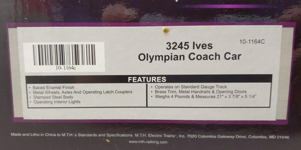 MTH 10-1164-0 Olympian Std Gauge Electric Passenger Train Set EX/Box