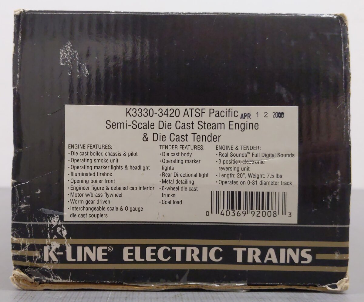 K-Line K3330-3420 O Atchison Topeka Santa Fe Steam Locomotive & Tender #3420 EX/Box