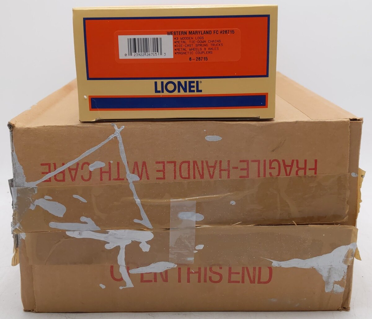 Lionel 6-26713 O Gauge Western Maryland Standard Flatcar w/Log Load #26715 VG/Box
