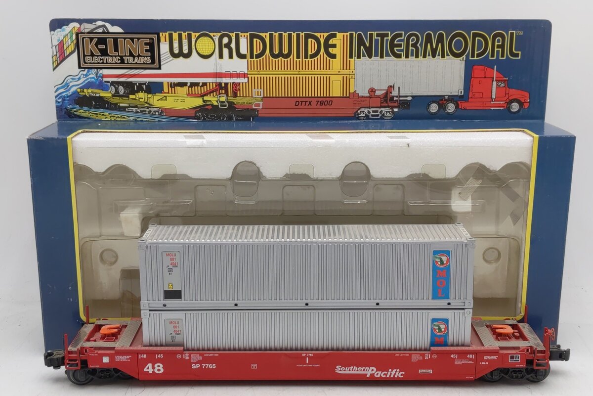 K-Line K7765 O Gauge Southern Pacific Gunderson Flatcar w/2 Containers EX/Box