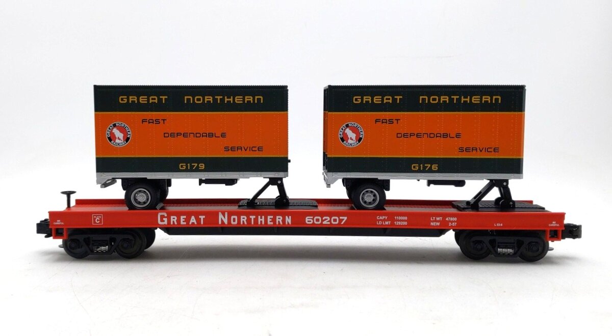 MTH 20-90006C Great Northern Flatcar with two 20' Trailers LN/Box