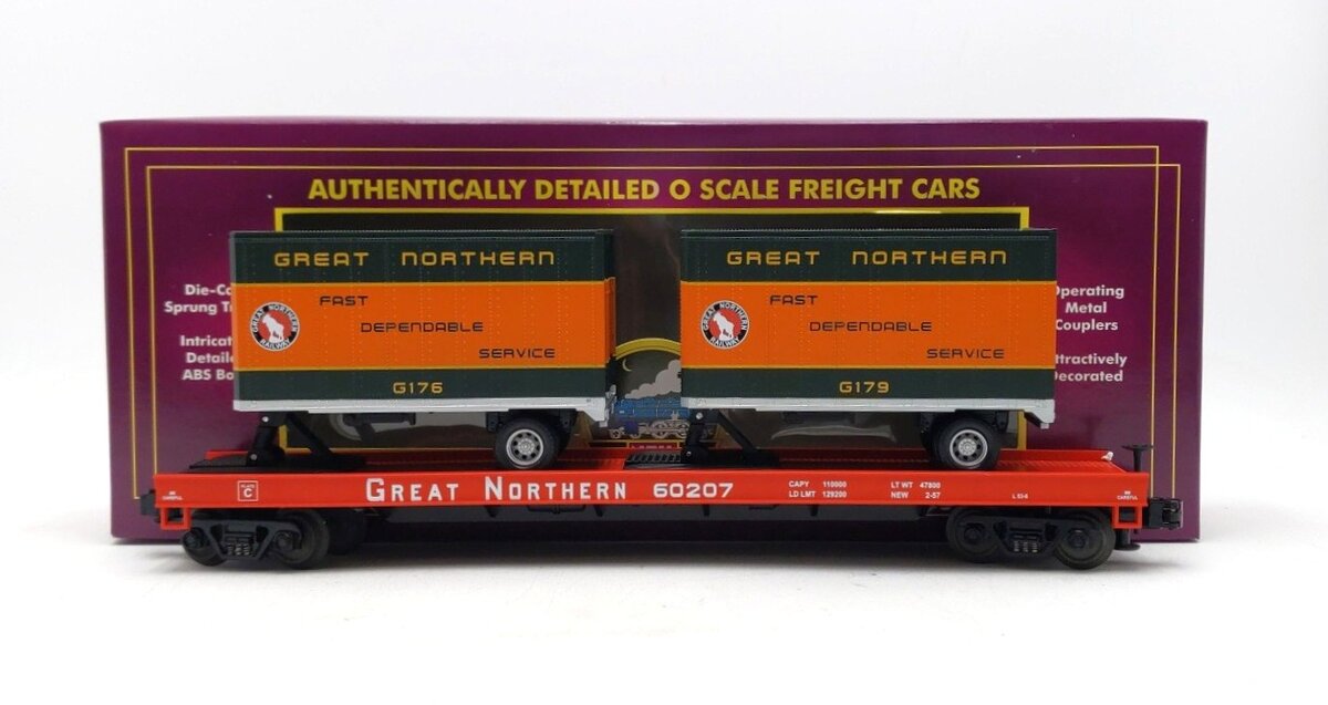 MTH 20-90006C Great Northern Flatcar with two 20' Trailers LN/Box