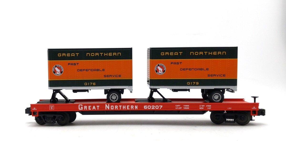 MTH 20-90006C Great Northern Flatcar with two 20' Trailers LN/Box
