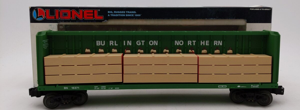 Lionel 6-16371 O Gauge Burlington Northern I-Beam Flat Car #16371 w/Wood Load LN/Box