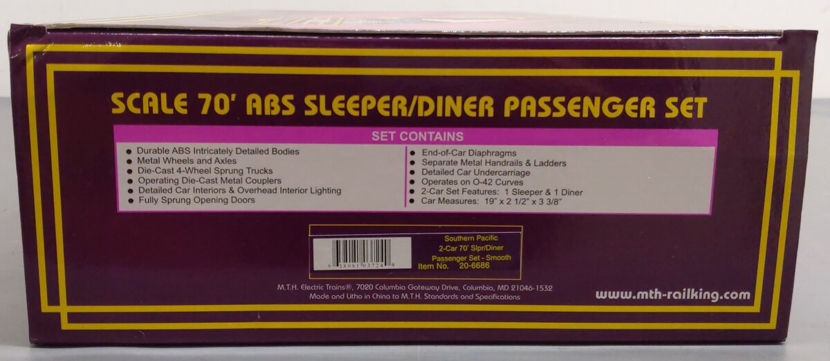 MTH 20-6686 O SP 70' Streamlined Sleeper/Diner Passenger Car Set (Set of 2) LN/Box