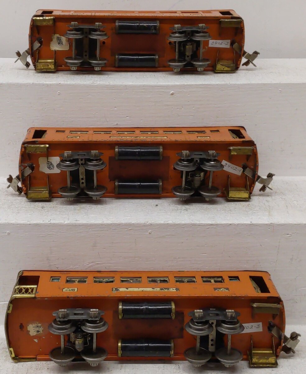 Lionel Vintage O Gauge Prewar Orange Passenger Cars: 606, 605, 605
