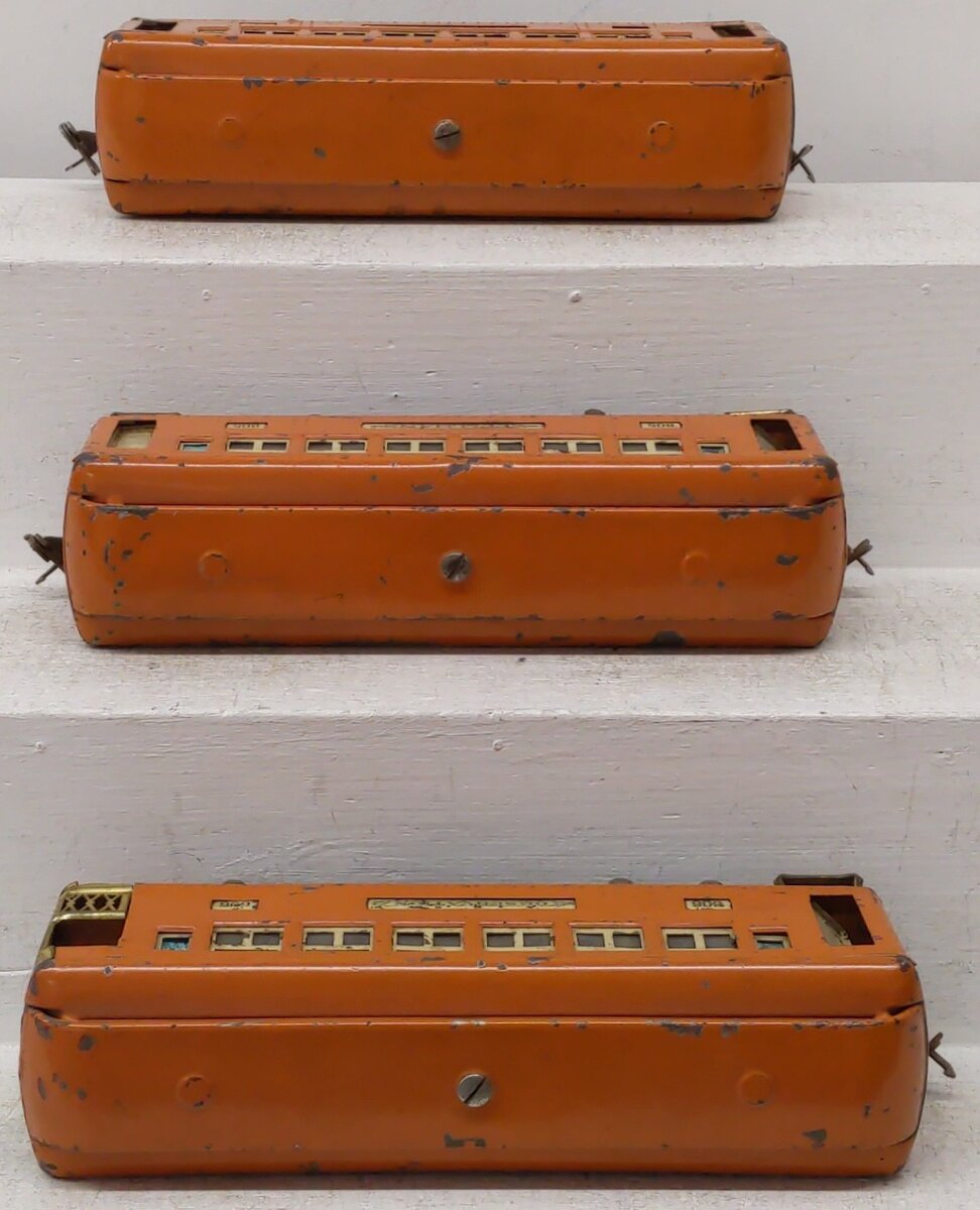 Lionel Vintage O Gauge Prewar Orange Passenger Cars: 606, 605, 605